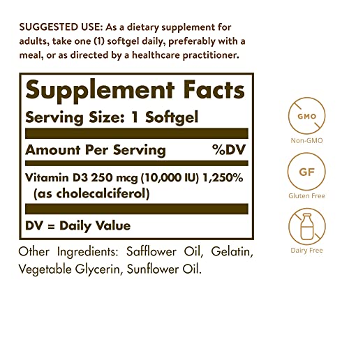 Solgar Vitamin D3 (Cholecalciferol) 250 MCG (10,000 IU), 120 Softgels - Helps Maintain Healthy Bones & Teeth - Immune System Support - Non GMO, Gluten/ Dairy Free - 120 Servings