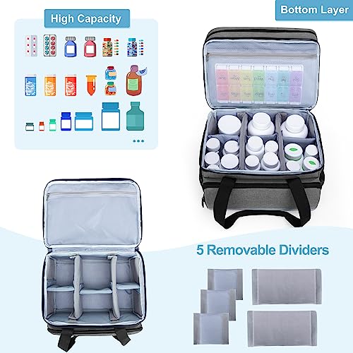 CURMIO Double Layers Pill Bottle Organizer Bag Empty, Medicine Organizer Storage Case with Lockable Zippers, Medication Travel Bag for Prescription Bottles, Medical Supplies, Gray (Patent Design)