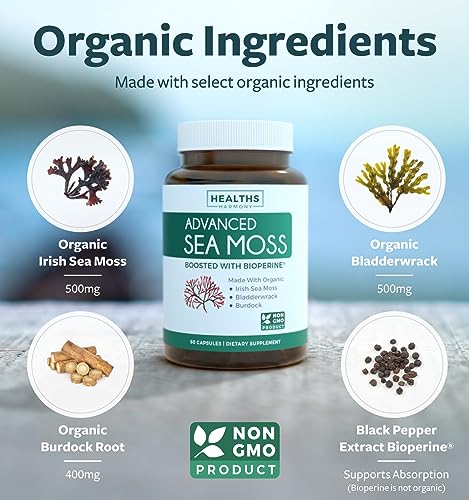 Irish Sea Moss Capsules (Non-GMO) Organic Irish Seamoss, Bladderwrack & Burdock, with BioPerine Black Pepper Extract for Extra Absorption - Raw Vegan Supplement - 60 Capsules (No Pills or Gel)