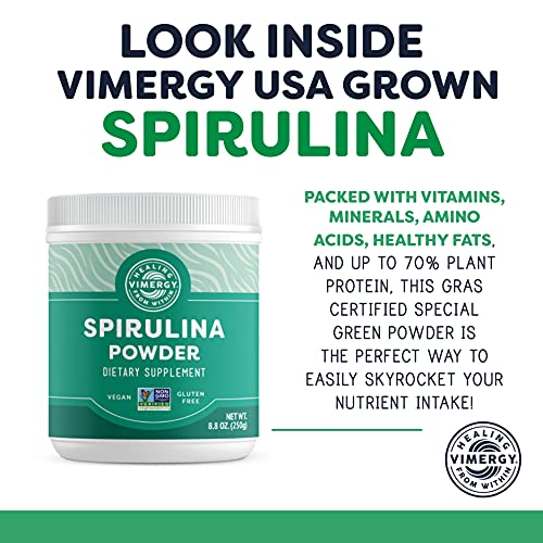 Vimergy Natural Spirulina Powder, 83 Servings – Super Greens Powder – Nutrient Dense Blue-Green Algae Superfood for Smoothies & Juices – Immune Support - Non-GMO, Gluten-Free, Vegan & Paleo (250g)