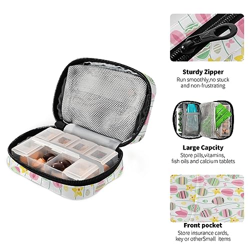 Easter Willow Tulips Eggs Travel Pill Organizer Case Daily Pill Box Organizer Protable Pill Container Medication Organizer for Fish Oils Vitamin Holder Supplement Travel Gifts