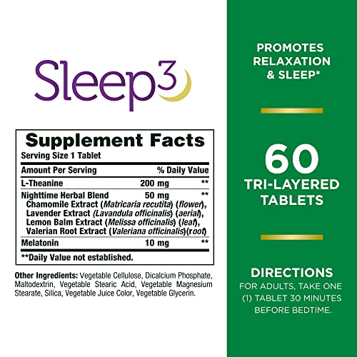 Nature's Bounty Sleep3 Melatonin 10mg, Maximum Strength 100% Drug Free Sleep Aid, Dietary Supplement, L-Theanine & Nighttime Herbal Blend Time Release Technology, 60 Tri-Layered Tablets