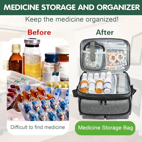 RONCHIL Medicine Storage Bag Pill Bottle Organizer with Portable Small Pouch Travel Medication Bottle Organizer for Emergency Home First Aid Box Kit Empty with Shoulder Strap Gray