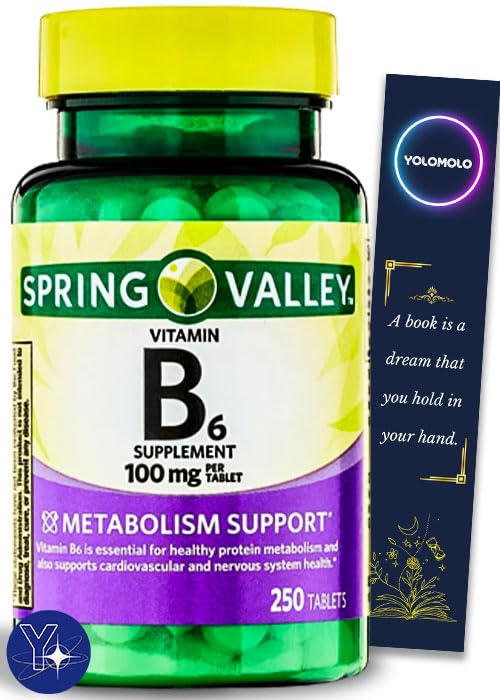 Vitamin B6 Supplement Spring Valley, 100 mg, 250 Count and Bookmark Gift of YOLOMOLO