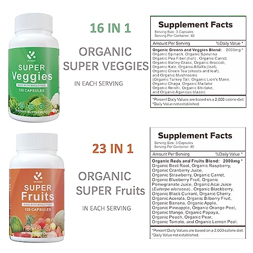 Lite Supply Fruits and Veggies Supplement 240 Caps - 120 Fruit and 120 Veggie Capsules - Whole Food & Natural Superfood Filled with Vitamins & Minerals for Women, Men & Kids Supports Energy Levels