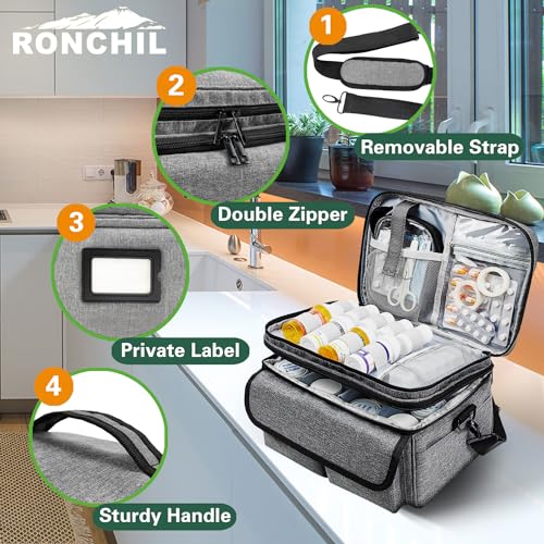 RONCHIL Medicine Storage Bag Pill Bottle Organizer with Portable Small Pouch Travel Medication Bottle Organizer for Emergency Home First Aid Box Kit Empty with Shoulder Strap Gray