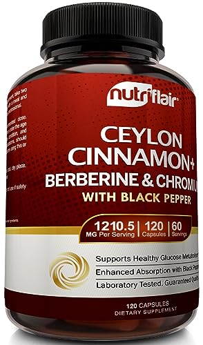 NutriFlair Ceylon Cinnamon, Berberine HCL, Chromium, Black Pepper Extract (Made with True Ceylon Cinnamon) - 1200mg per Serving, 120 Capsules - Best Glucose Metabolism and Antioxidant Combo Pills