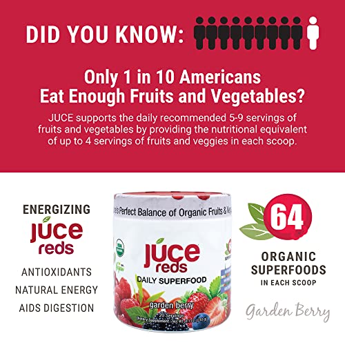 JUCE Reds Organic Superfood Powder - Garden Berry Flavor | Fruit and Veggie Powder for Kids & Adults w/ 64 Immune Boosting Superfoods Plus Probiotics for Gut Health | 20 Servings (230g)