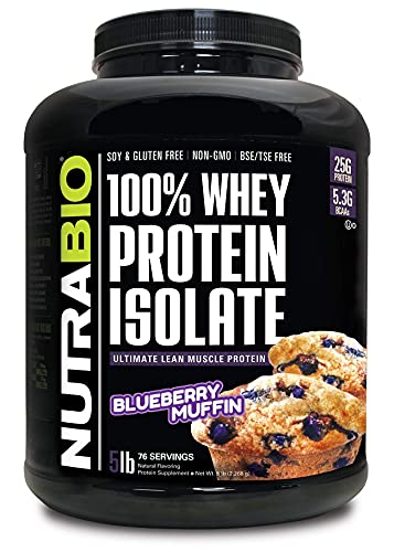 NutraBio 100% Whey Protein Isolate - Complete Amino Acid Profile - 25G of Protein Per Scoop - Soy and Gluten Free - Zero Fillers, Non-GMO, Protein Powder - Blueberry Muffin, 5 Pounds