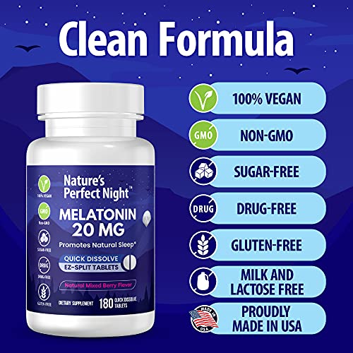 Nature's Perfect Night | Melatonin 20mg | 180 Quick Dissolve Tablets, 2-Pack | Natural Mixed Berry Flavor |High Potency | Sugar Free | Vegan | Gluten Free