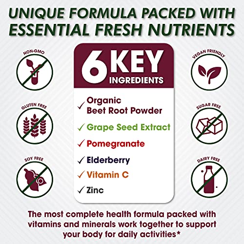 Beet Root Capsules 1500mg - Organic Beet Root Powder + Vitamin C Zinc, Elderberry, Pomegranate, Grape Seed Extract - Nitric Oxide Supplement, Supports for Healthy Circulation* -Vegan - 3 Months Supply