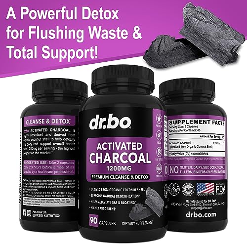 Activated Charcoal Capsules Cleanse Detox - 1200mg Organic Coconut Charcoal Pills for Stomach Gas and Bloating Relief for Men Women Kids - Active Charcoal Capsules Powder Binder Supplements for Gut