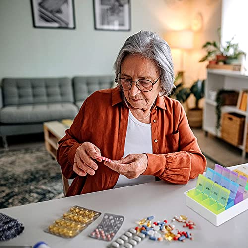 Weekly Pill Organizer Medicine Box: Pill Containers 7 Day 4 Times A Day, Vitamin Containers Organizer, Pill Cases with Spring Open Design and Large Compartment to Hold Vitamins Fish Oil, Rainbow Lids