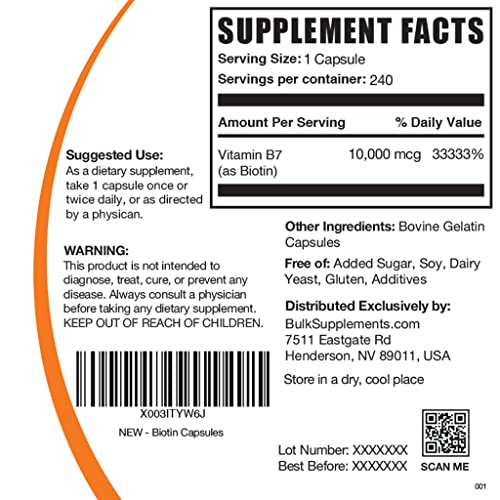 BULKSUPPLEMENTS.COM Biotin 10000mcg Capsules - Vitamin B7 Biotin, Biotin Supplement, Biotin Vitamins for Hair Skin and Nails - Biotin Pills, Gluten Free, 1 Capsule per Serving, 240 Capsules