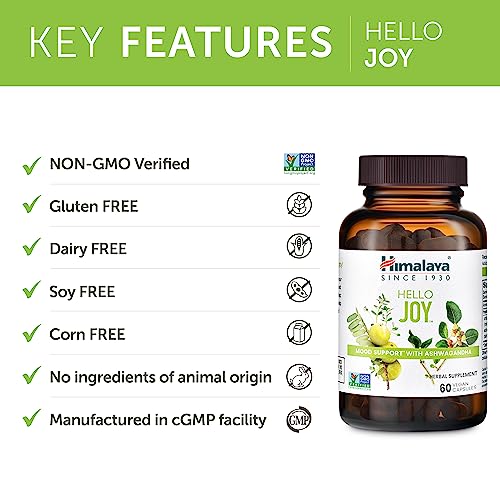 Himalaya Hello Joy Herbal Supplement, with Ashwagandha , Amla, Bacopa, Holy Basil/Tulsi, Positive Outlook, Supports Motivation, Stress Relief, Balanced Cortisol, Non-GMO, Vegan, 60 Capsules