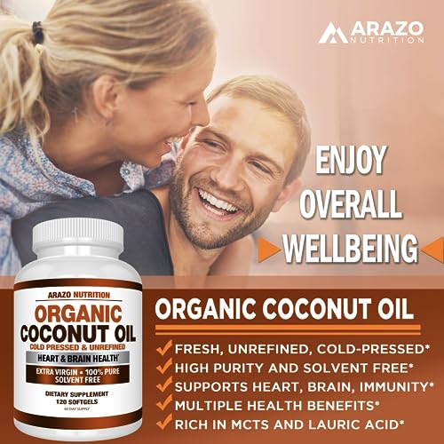 Arazo Nutrition Organic Coconut Oil 2000 MG - 100% Extra Virgin Unrefined Cold Pressed for Weight Support, Skin, Hair, Nails - 120 Softgel Capsules