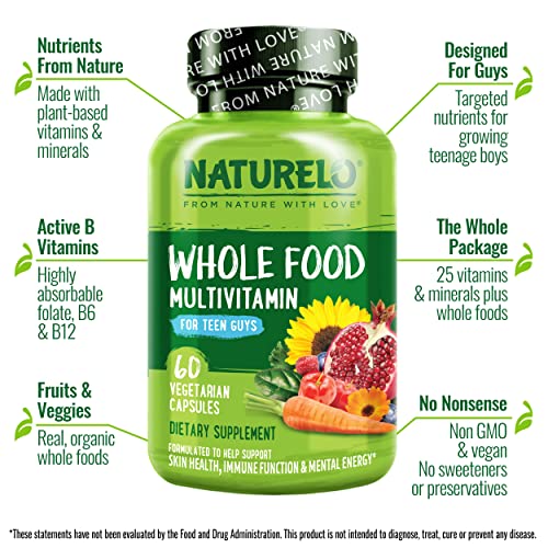 NATURELO Whole Food Multivitamin for Teenage Boys - Vitamins and Minerals Supplement for Active Kids - with Plant Extracts - Non-GMO - Vegan & Vegetarian - 60 Capsules