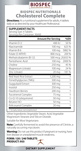 Biospec Nutritionals Cholesterol Complete – Natural Cholesterol Support Supplement - Red Yeast Rice, Co-Q-10, Hawthorn, Guggulipid, B-Vitamins, Magnesium - (240 Tablets (Pack of 1))