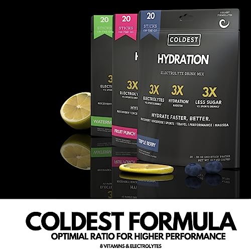 Coldest Liquid Hydration - Electrolyte Powder Packets - Electrolyte Drink Mix - Easy Open Single-Serving Stick Drop in Water - 20 Count (Fruit Punch)