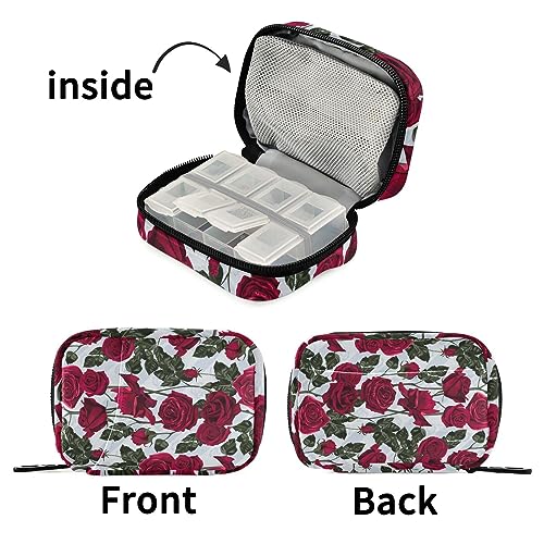 Roses Flowers Travel Pill Organizer Case Weekly Portable Pill Bag Container 7 Days Pill Box Organizer for Vitamin Fish Oil Travel Family Business