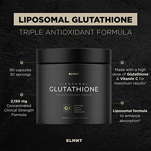 ELMNT 2150mg Super Antioxidant Liposomal Glutathione Supplement w. Vitamin C, Quercetin & Reduced L Glutathione 1000mg - Proven Complex for Best Absorption, Detox, Skin Glow + Immune - 90 Pills