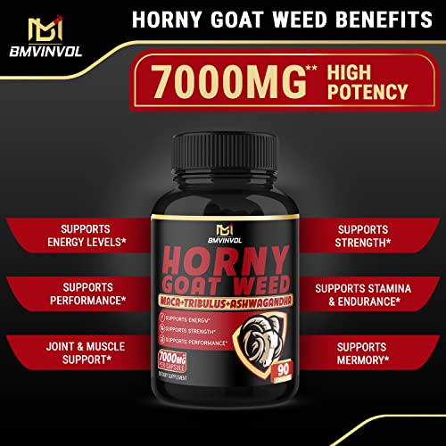 BMVINVOL Horny Goat Weed Capsules - 7000mg Herbal Equivalent - Maca, Ginseng, Tribulus Terrestris, Ashwagandha - Performance and Energy Support - 3 Months Supply