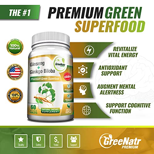 GreeNatr Premium Supplement - Energy and Brain Focus Natural Booster for Men & Women - Best Supplements Blend of Korean Red Ginseng Root and Ginkgo Biloba - 60 Veggie Pills