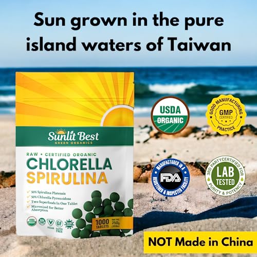 Sunlit Best Organic Burst Chlorella Spirulina Tablets - Pure Superfood Supplement for Heavy Metal Detox Cleanse with Blue Green Algae, Chlorophyll & Vegan Protein, Spirulina Chlorella Pills 1000 Tabs