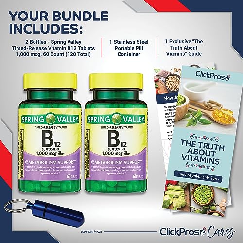 Spring Valley Timed-Release Vitamin B12 Tablets, 1,000 mcg, 60 Count 2 Pack Bundle (120 Count Total) - Includes Vitamin Guide and Pill Container (4 Items)!