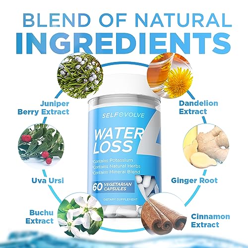 selfevolve Water Loss - Natural Water Pills for Reducing Water Retention & Bloating Relief with Dandelion Extract, Potassium & 7 Natural Ingredients - 60 Veggie Capsules