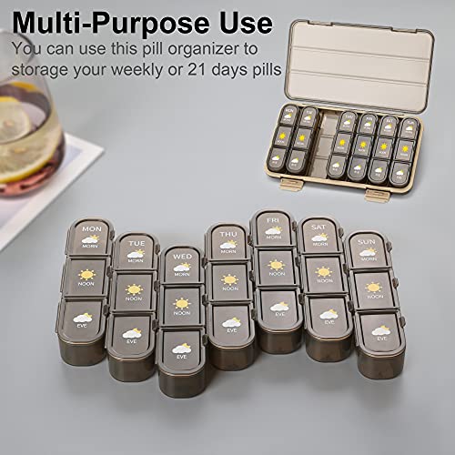 Pill Organizer 3 Times A Day, Pill Box 7 Day - Acedada Weekly Travel Medicine Organizer Box, Large Pill Container Holder Vitamins Case Pill Dispenser, Brown