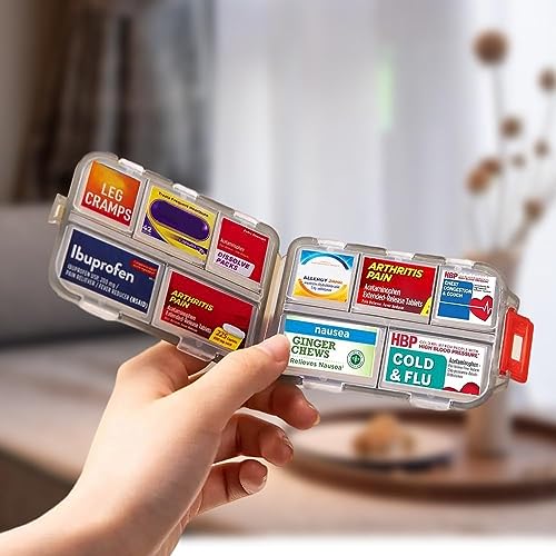 5PCS Pocket Pharmacy Travel Pill Case with Optional Medicine Stickers Labels, Pill Box Pill Organizer with Labels, Pill Container with Pill Stickers Medication Labels with 10 Compartments (5pcs/Set)