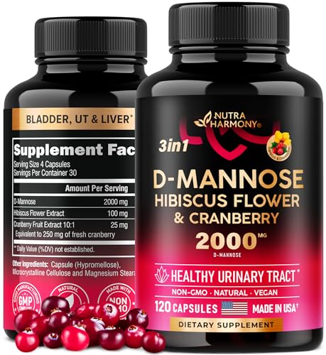 D-Mannose Capsules with Cranberry & Hibiscus Flower - 2000mg, 3-in-1 Urinary Tract Health Supplement - Made in USA - for Women & Men - Bladder, Liver, Digestive Support - Vegan, Natural, 120 Pills