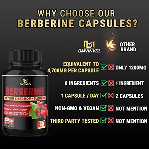 BMVINVOL Berberine Supplement 4700mg for Cardiovascular Health - High Potency with Ceylon Cinnamon, Turmeric - Supports Immune System - Berberine HCl Supplement Pills