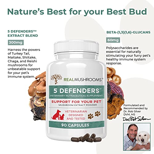 5 Defenders Mushroom Supplements for Cat & Dog Vitamins for Health Support with Chaga, Shiitake, Reishi & Turkey Tail Mushroom - Vet-Approved Mushroom Powder Capsules (90ct)