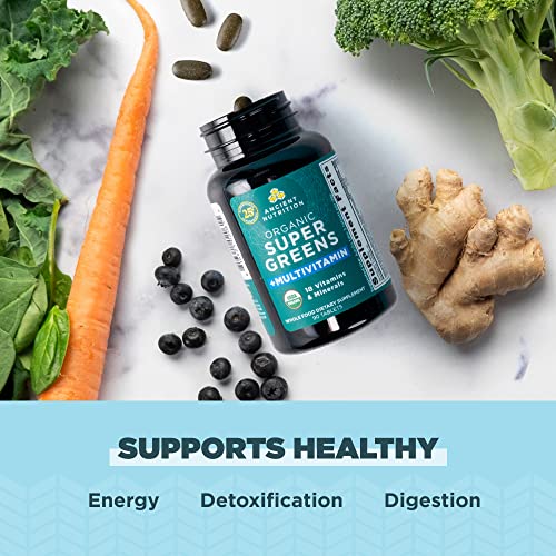 Ancient Nutrition Organic SuperGreens and Multivitamin Tablets with Probiotics, Made from Real Fruits, Vegetables and Herbs, for Digestive, Detoxification and Energy Support, 90 Count