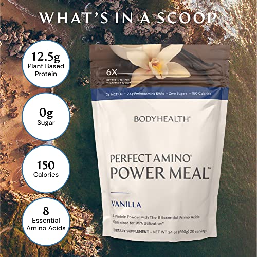 BodyHealth PerfectAmino Power Meal (Natural Vanilla Flavor) Vegan Meal Replacement Shake, Non Dairy Protein Powder, Plant Based Meal Replacement, Organic Meal Replacement, 15 Packets and 12.5g Protein, MCT Oil