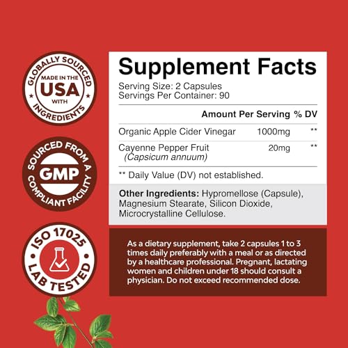 Cleansing Apple Cider Vinegar Capsules - ACV Deep Cleanse and Detox Pills for Gut and Digestive Health with Slimming Cayenne - Extra Strength ACV for Hunger Gut Cleanse and Full Body Detox 180 Count