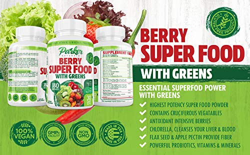 Parker Naturals Berry Green Superfood Capsules 180 ct. with Organic Greens & Fruits, Enzymes, Probiotics, Antioxidants, Vitamins, Minerals - Alkalize & Detox - Non GMO, Vegan & Gluten Free