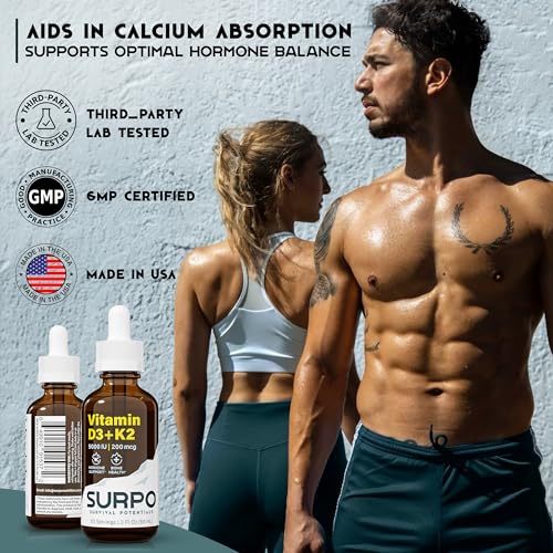 SURPO Vitamin D3 + K2 Liquid Drops with Omega 3 Oil - 5000 IU Vitamin D Drops K2 for Hormone Support & Bone Health - Liquid Vitamin D3 with K2 Drops for Maximum Absorption - 2Fl Oz Vitamin K2 D3