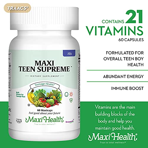 Maxi Health Teen Multivitamin, Natural Vitamins for Teenagers Boys Age 12-17, Enhances Development and Immune Health, Best Kosher Supplement, Unflavored, 60 Count