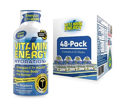 Vitamin Energy Hydration+ Energy Drink Shots, Blue Raspberry Flavor, Up to 7+ Hours of Energy, 1.93 Fl Oz, 48 Count