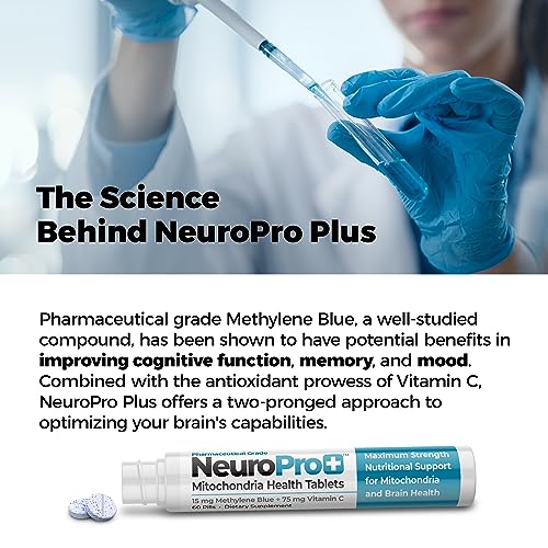 Best 365 Labs NeuroPro+ Maximum Strength Mitochondria Health Tablets - Methylene Blue and Vitamin C - Fast Acting Neuro Support - Improve Focus and Memory - 60 Tablets