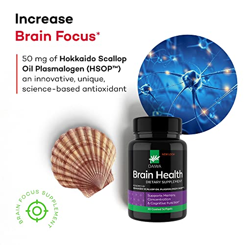 Daiwa Brain Health Plasmalogen Memory Supplement for Better Focus and Cognitive Function - Brain Support Supplement with 50mg of Hokkaido Scallop Oil Plasmalogens (HSOP)