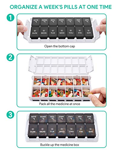 TookMag Weekly Pill Organizer 2 Times a Day, Easy Fill AM PM Pill Box, Large Capacity Quick-Refill 7 Day Pill Cases for Pills/Vitamin/Fish Oil/Supplements (Patent Registered) (Black)