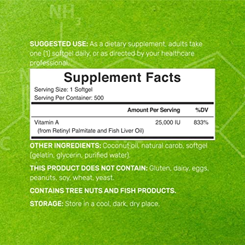 DEAL SUPPLEMENT High Potency Vitamin A 25000 IU, 500 Coconut Oil Softgels | Easily Absorbed, Natural Fish Liver Oil Source – Vitamins for Eye, Immune, & Skin Health – Easy to Swallow, Non-GMO