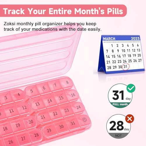 Zoksi Monthly Pill Organizer 1 Time a Day, 30 Day Pill Box Organizer Once a Day, One Month Large Pill Case for Travel, 31 Day Daily Medcine Container for Vitamins, Supplement & Medication (Pink)