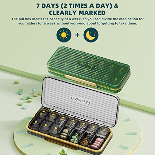 OFIDUS 14 Cells 2 Times a Day Pill Organizer - Moistureproof Daily Cute Pill Box, Removable Separate Cell 14 Days Pill Case Suitable for Women Men Travel Jewelry & Everyday(Green)