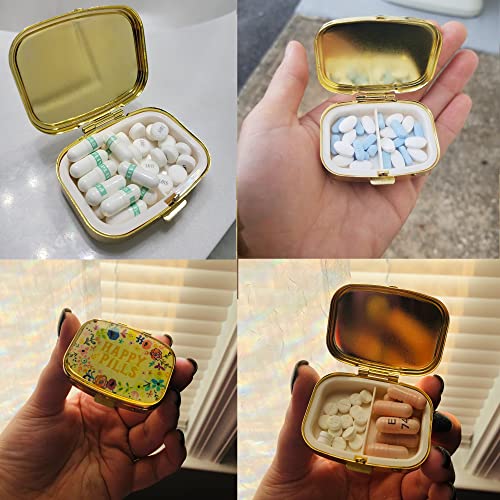 Battery Container for AAA/AA (4 PCS) +Cute Metal Pill Organizer Travel Friendly Compact Pill Box Pill Case to Hold Vitamins/Tylenol/Fish Oil/Meds/Tablet for Purse/Pocket(Happy Pills)