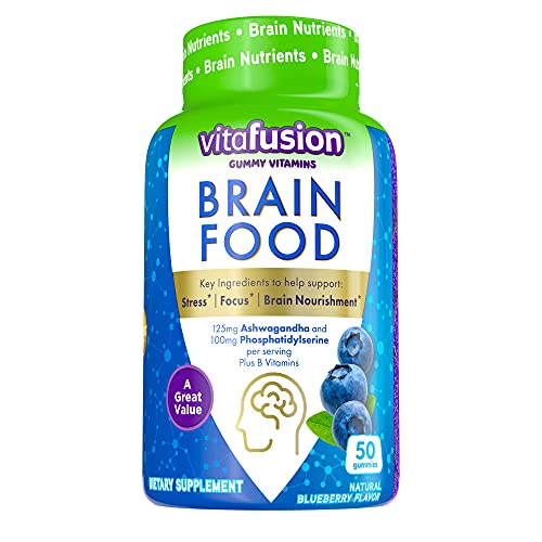 Vitafusion Brain Food Gummy Supplement: 125mg Ashwagandha, 100mg Phosphatidylserine per Serving, B Vitamins, 50ct (25 Day Supply), Blueberry Flavor from America’s Number One Gummy Vitamin Brand